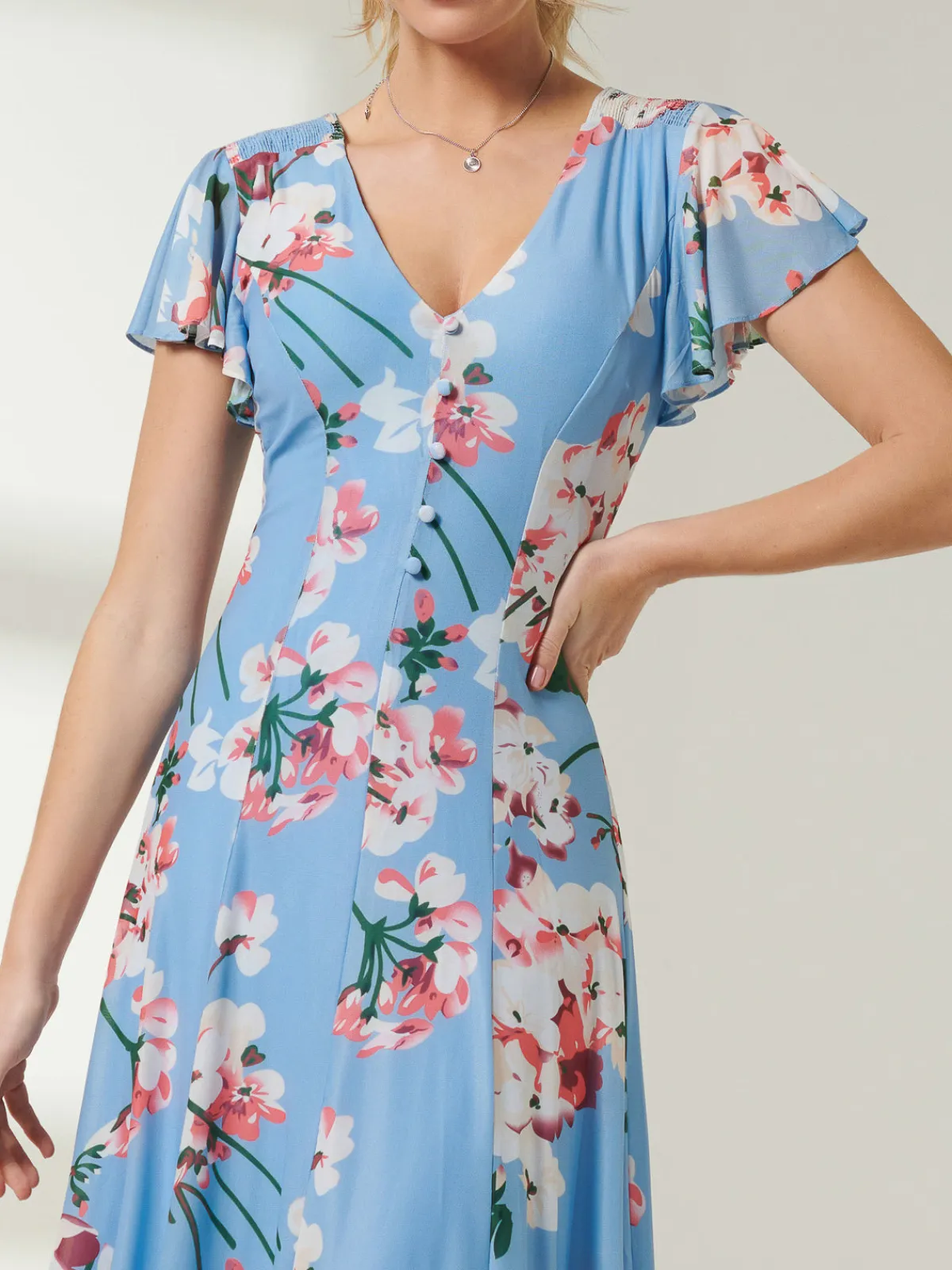 Jolie Moi Occasion Dresses|Floral Dresses-Rella Cap Sleeve Mesh Midi Dress, Blue Floral