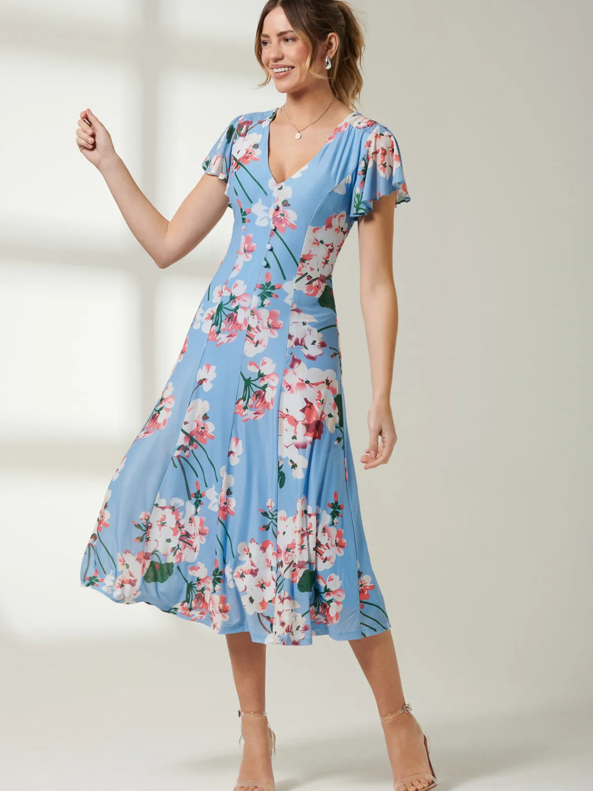 Jolie Moi Occasion Dresses|Floral Dresses-Rella Cap Sleeve Mesh Midi Dress, Blue Floral