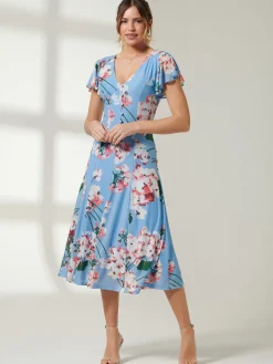 Jolie Moi Occasion Dresses|Floral Dresses-Rella Cap Sleeve Mesh Midi Dress, Blue Floral