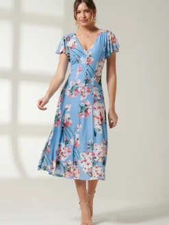 Jolie Moi Occasion Dresses|Floral Dresses-Rella Cap Sleeve Mesh Midi Dress, Blue Floral
