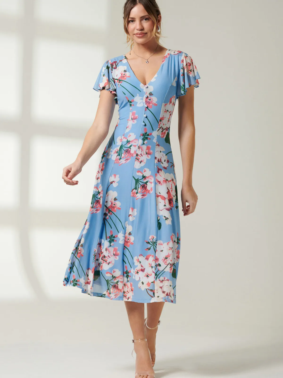 Jolie Moi Occasion Dresses|Floral Dresses-Rella Cap Sleeve Mesh Midi Dress, Blue Floral