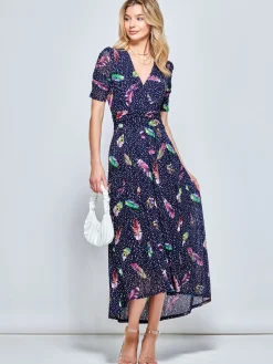 Jolie Moi Occasion Dresses|Mesh Dresses-Ressie Dip Hem Maxi Dress, Navy Feather