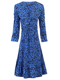 Jolie Moi Occasion Dresses|Jersey Dresses-Retro Geometric Flare Hem Dress, Blue Leopard