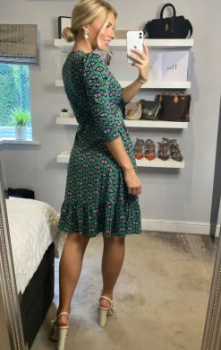 Jolie Moi Occasion Dresses|Jersey Dresses-Retro Geometric Flare Hem Dress, Green Geo