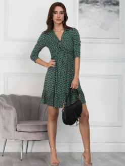 Jolie Moi Occasion Dresses|Jersey Dresses-Retro Geometric Flare Hem Dress, Green Geo