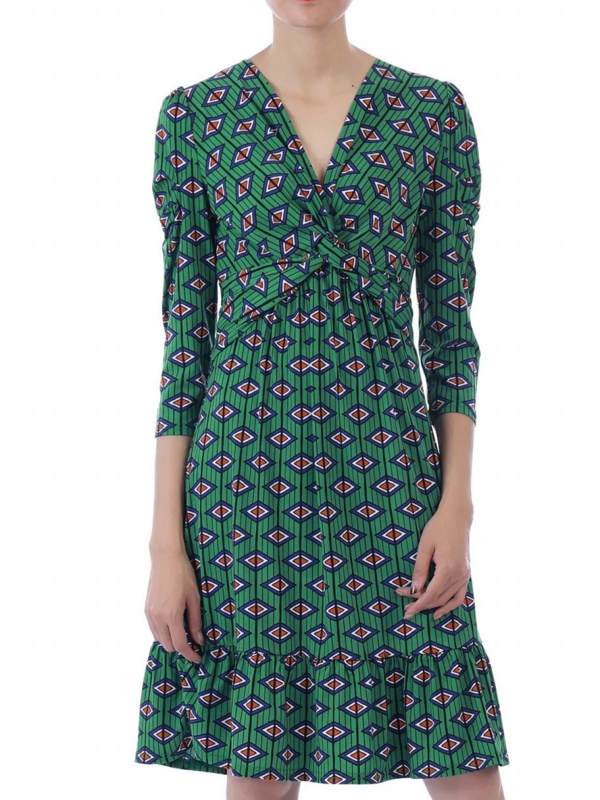 Jolie Moi Occasion Dresses|Jersey Dresses-Retro Geometric Flare Hem Dress, Green Geo
