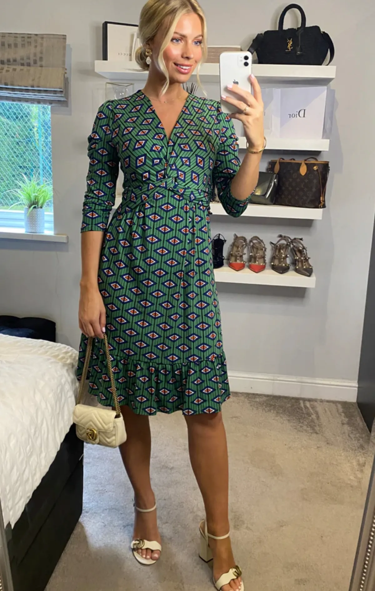 Jolie Moi Occasion Dresses|Jersey Dresses-Retro Geometric Flare Hem Dress, Green Geo