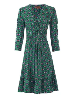 Jolie Moi Occasion Dresses|Jersey Dresses-Retro Geometric Flare Hem Dress, Green Geo