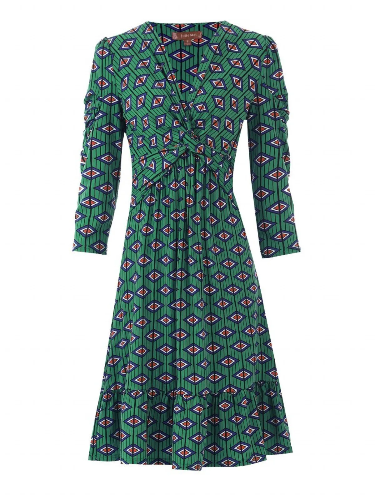 Jolie Moi Occasion Dresses|Jersey Dresses-Retro Geometric Flare Hem Dress, Green Geo