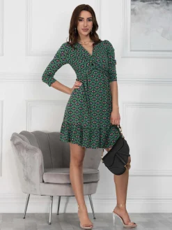 Jolie Moi Occasion Dresses|Jersey Dresses-Retro Geometric Flare Hem Dress, Green Geo