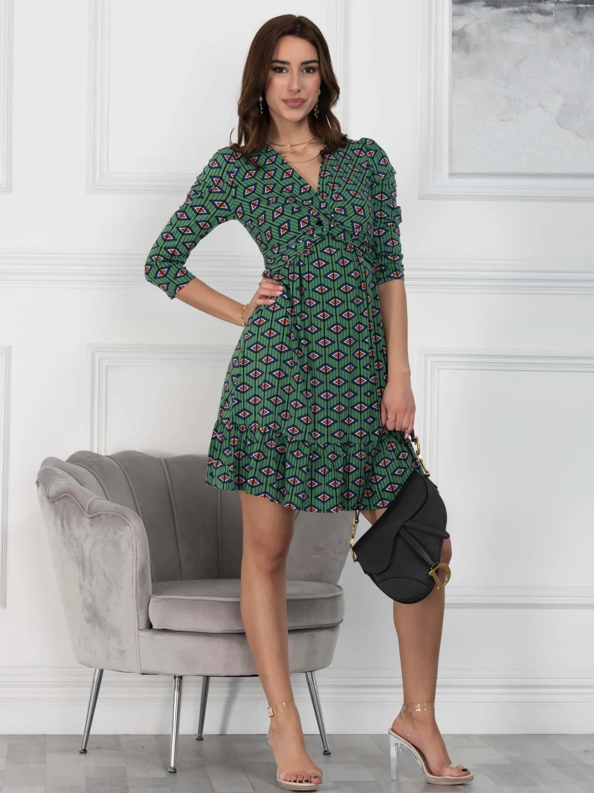 Jolie Moi Occasion Dresses|Jersey Dresses-Retro Geometric Flare Hem Dress, Green Geo