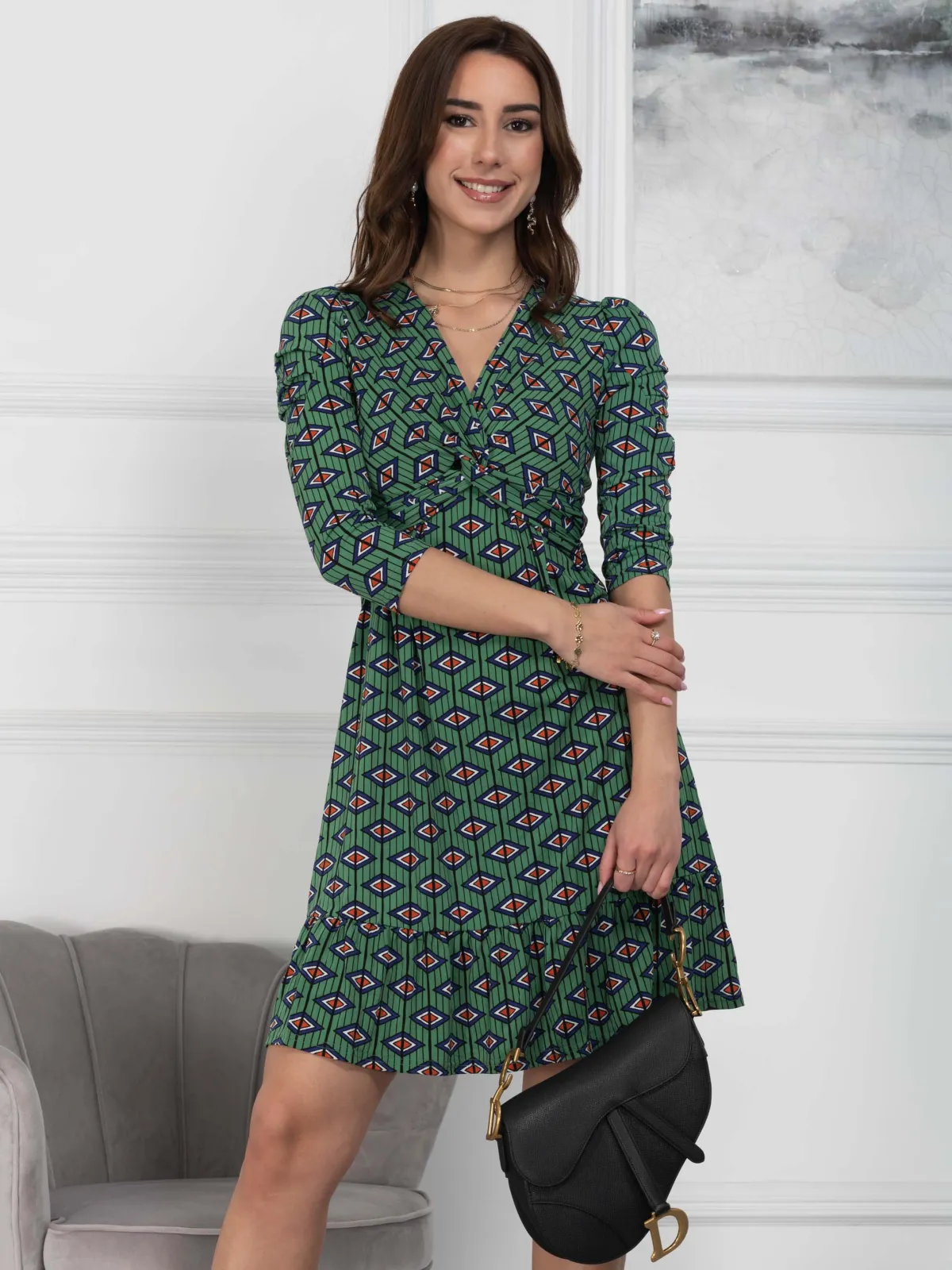 Jolie Moi Occasion Dresses|Jersey Dresses-Retro Geometric Flare Hem Dress, Green Geo
