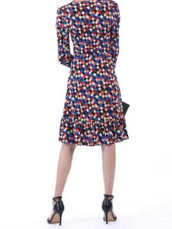 Jolie Moi Occasion Dresses|Jersey Dresses-Retro Geometric Flare Hem Dress, Royal Multi