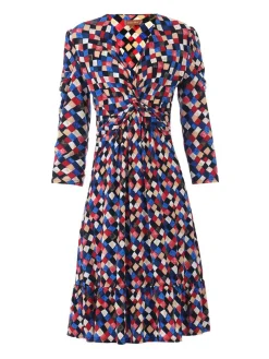 Jolie Moi Occasion Dresses|Jersey Dresses-Retro Geometric Flare Hem Dress, Royal Multi