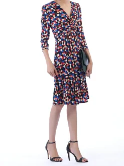 Jolie Moi Occasion Dresses|Jersey Dresses-Retro Geometric Flare Hem Dress, Royal Multi
