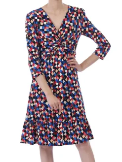 Jolie Moi Occasion Dresses|Jersey Dresses-Retro Geometric Flare Hem Dress, Royal Multi