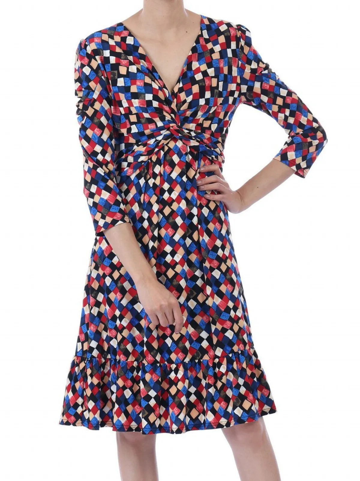 Jolie Moi Occasion Dresses|Jersey Dresses-Retro Geometric Flare Hem Dress, Royal Multi