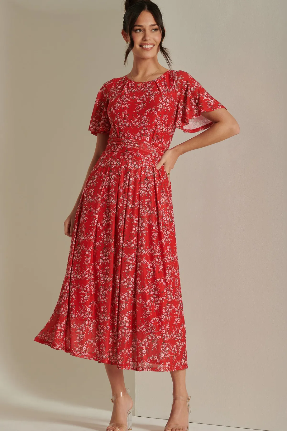 Jolie Moi Occasion Dresses|Floral Dresses-Rexina Maxi Mesh Dress, Red Floral