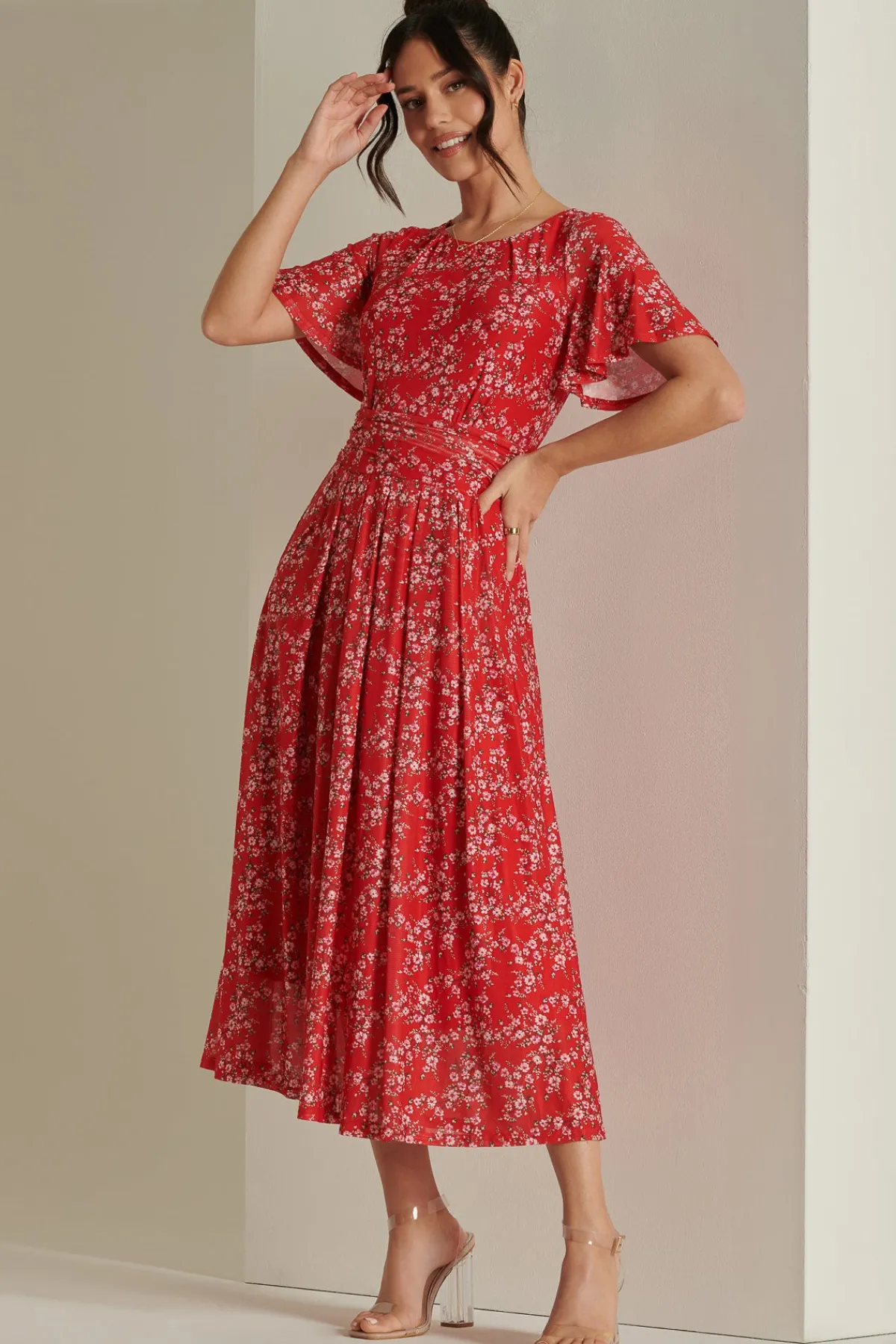 Jolie Moi Occasion Dresses|Floral Dresses-Rexina Maxi Mesh Dress, Red Floral