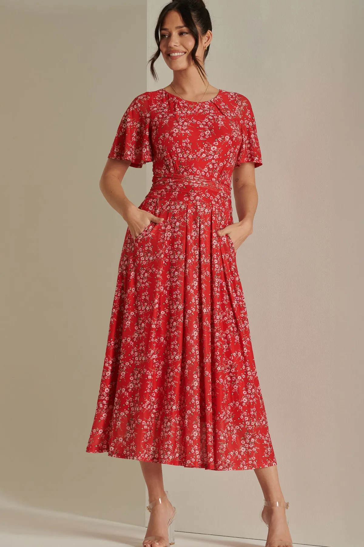 Jolie Moi Occasion Dresses|Floral Dresses-Rexina Maxi Mesh Dress, Red Floral