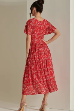 Jolie Moi Occasion Dresses|Floral Dresses-Rexina Maxi Mesh Dress, Red Floral