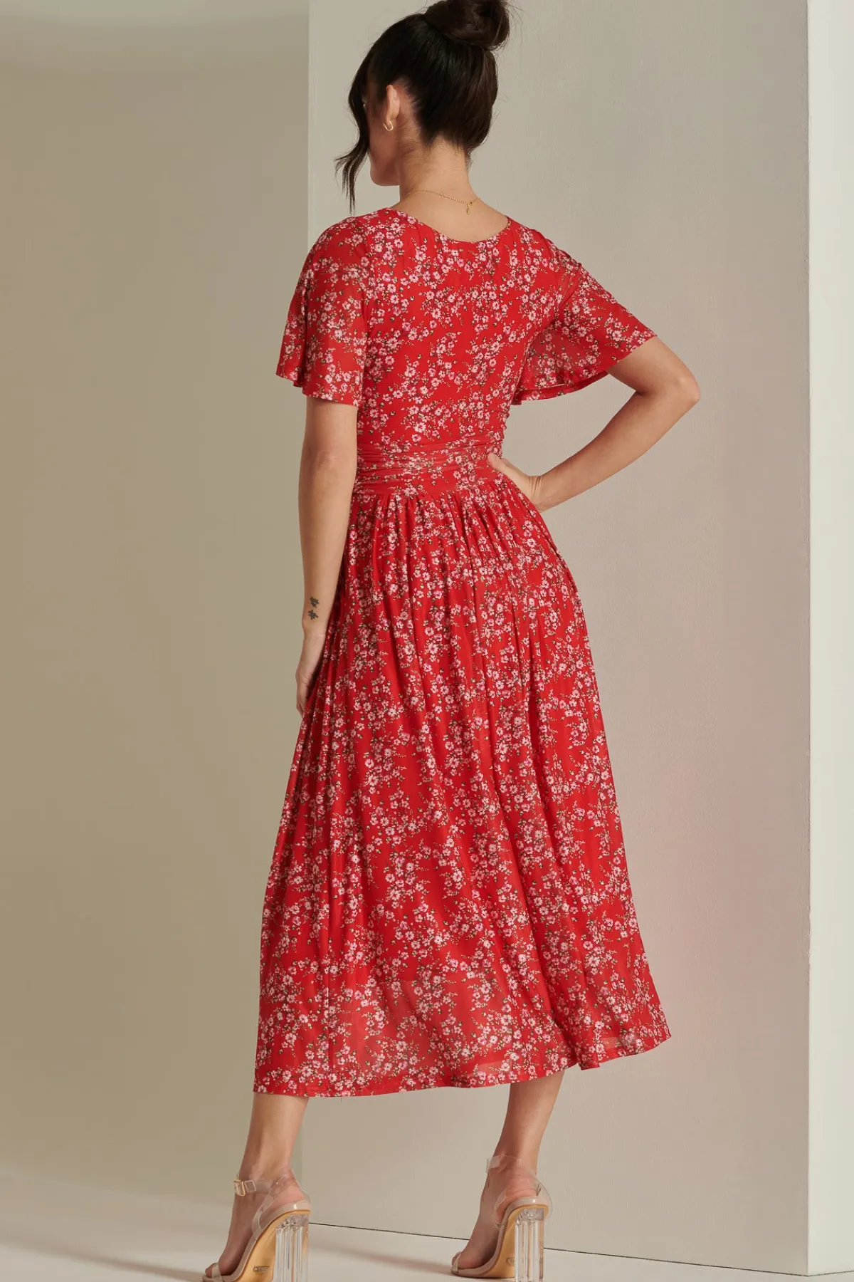 Jolie Moi Occasion Dresses|Floral Dresses-Rexina Maxi Mesh Dress, Red Floral