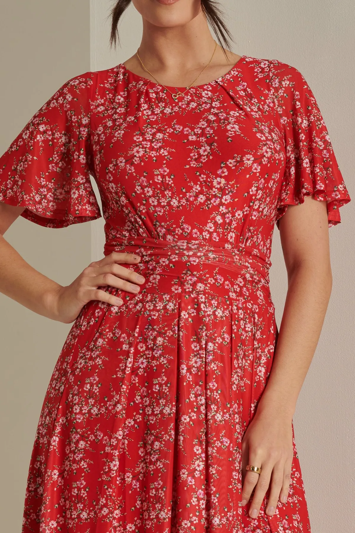 Jolie Moi Occasion Dresses|Floral Dresses-Rexina Maxi Mesh Dress, Red Floral