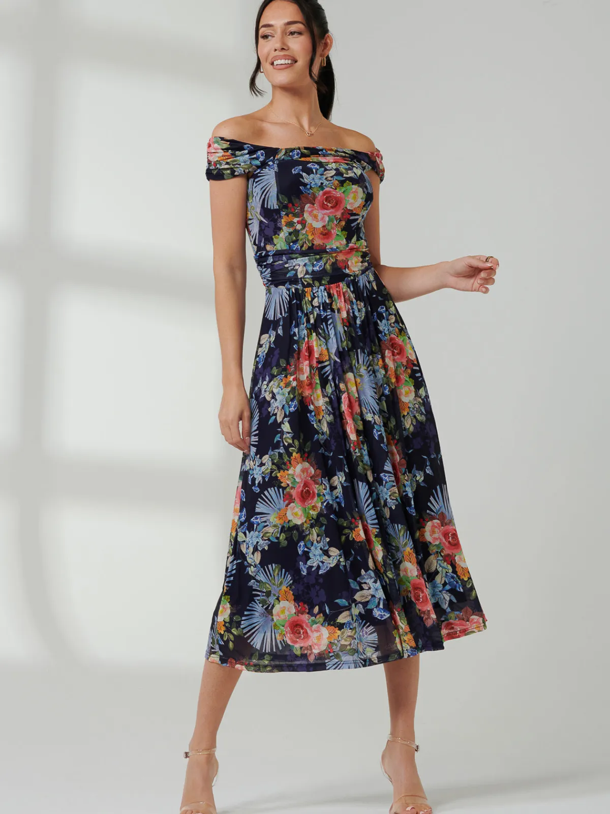 Jolie Moi Occasion Dresses|Mesh Dresses-Rezka Off Shoulder Mesh Midi Dress, Navy Floral
