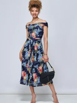 Jolie Moi Occasion Dresses|Mesh Dresses-Rezka Off Shoulder Mesh Midi Dress, Navy Floral