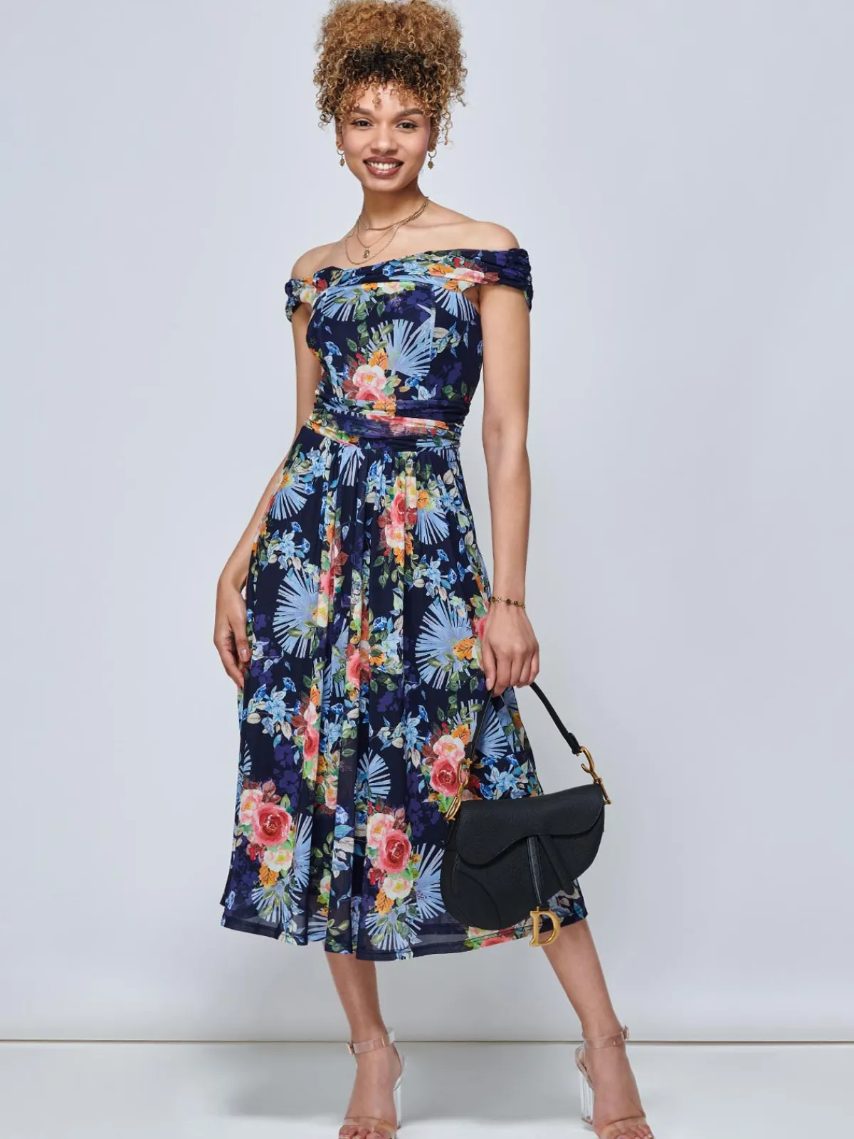 Jolie Moi Occasion Dresses|Mesh Dresses-Rezka Off Shoulder Mesh Midi Dress, Navy Floral