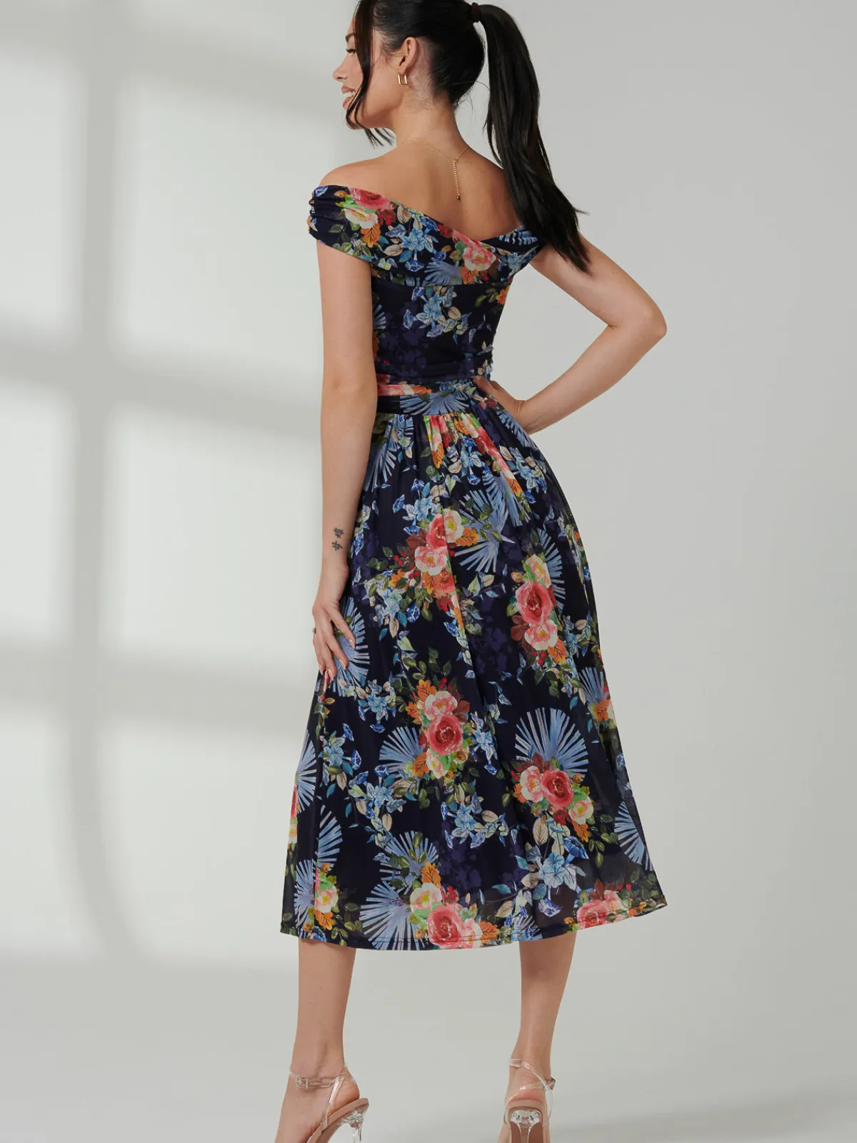 Jolie Moi Occasion Dresses|Mesh Dresses-Rezka Off Shoulder Mesh Midi Dress, Navy Floral