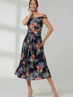Jolie Moi Occasion Dresses|Mesh Dresses-Rezka Off Shoulder Mesh Midi Dress, Navy Floral