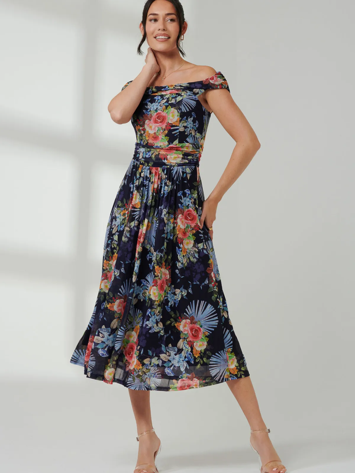 Jolie Moi Occasion Dresses|Mesh Dresses-Rezka Off Shoulder Mesh Midi Dress, Navy Floral