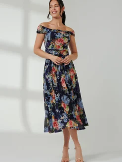 Jolie Moi Occasion Dresses|Mesh Dresses-Rezka Off Shoulder Mesh Midi Dress, Navy Floral