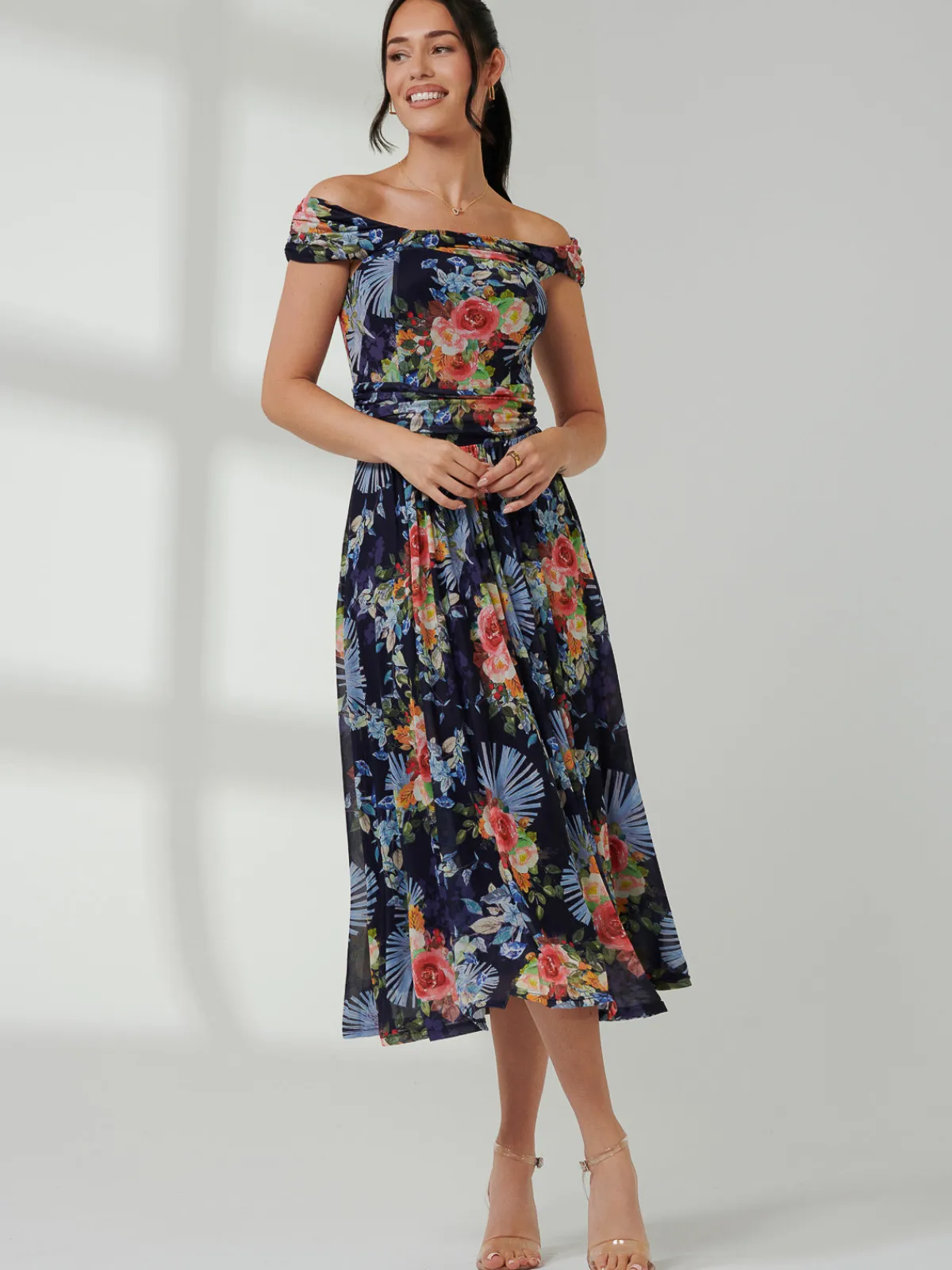 Jolie Moi Occasion Dresses|Mesh Dresses-Rezka Off Shoulder Mesh Midi Dress, Navy Floral