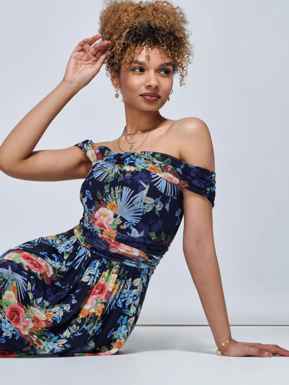 Jolie Moi Occasion Dresses|Mesh Dresses-Rezka Off Shoulder Mesh Midi Dress, Navy Floral