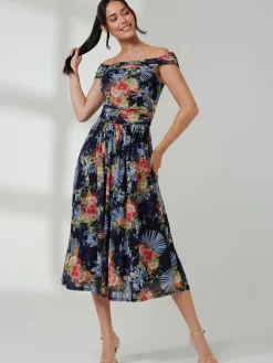Jolie Moi Occasion Dresses|Mesh Dresses-Rezka Off Shoulder Mesh Midi Dress, Navy Floral