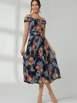 Jolie Moi Occasion Dresses|Mesh Dresses-Rezka Off Shoulder Mesh Midi Dress, Navy Floral