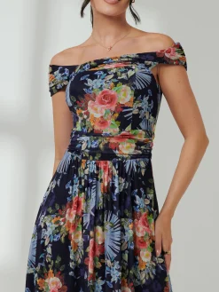 Jolie Moi Occasion Dresses|Mesh Dresses-Rezka Off Shoulder Mesh Midi Dress, Navy Floral