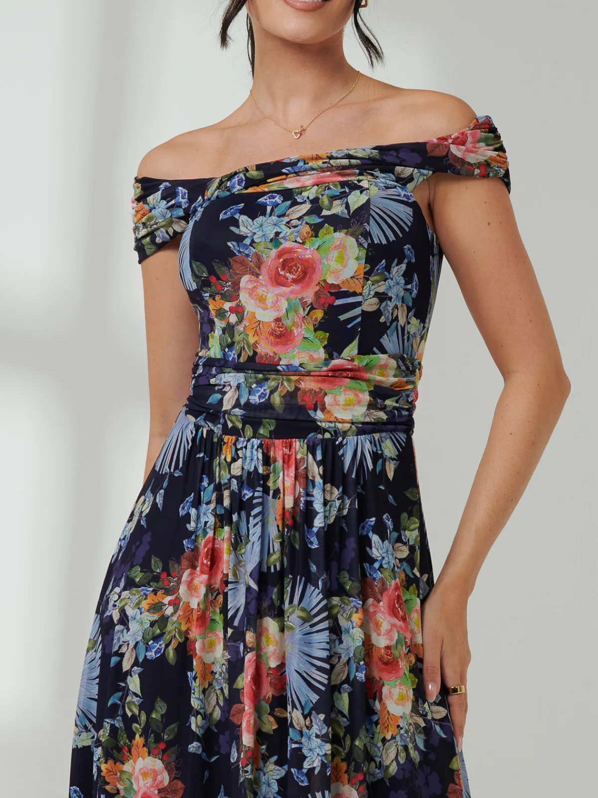 Jolie Moi Occasion Dresses|Mesh Dresses-Rezka Off Shoulder Mesh Midi Dress, Navy Floral