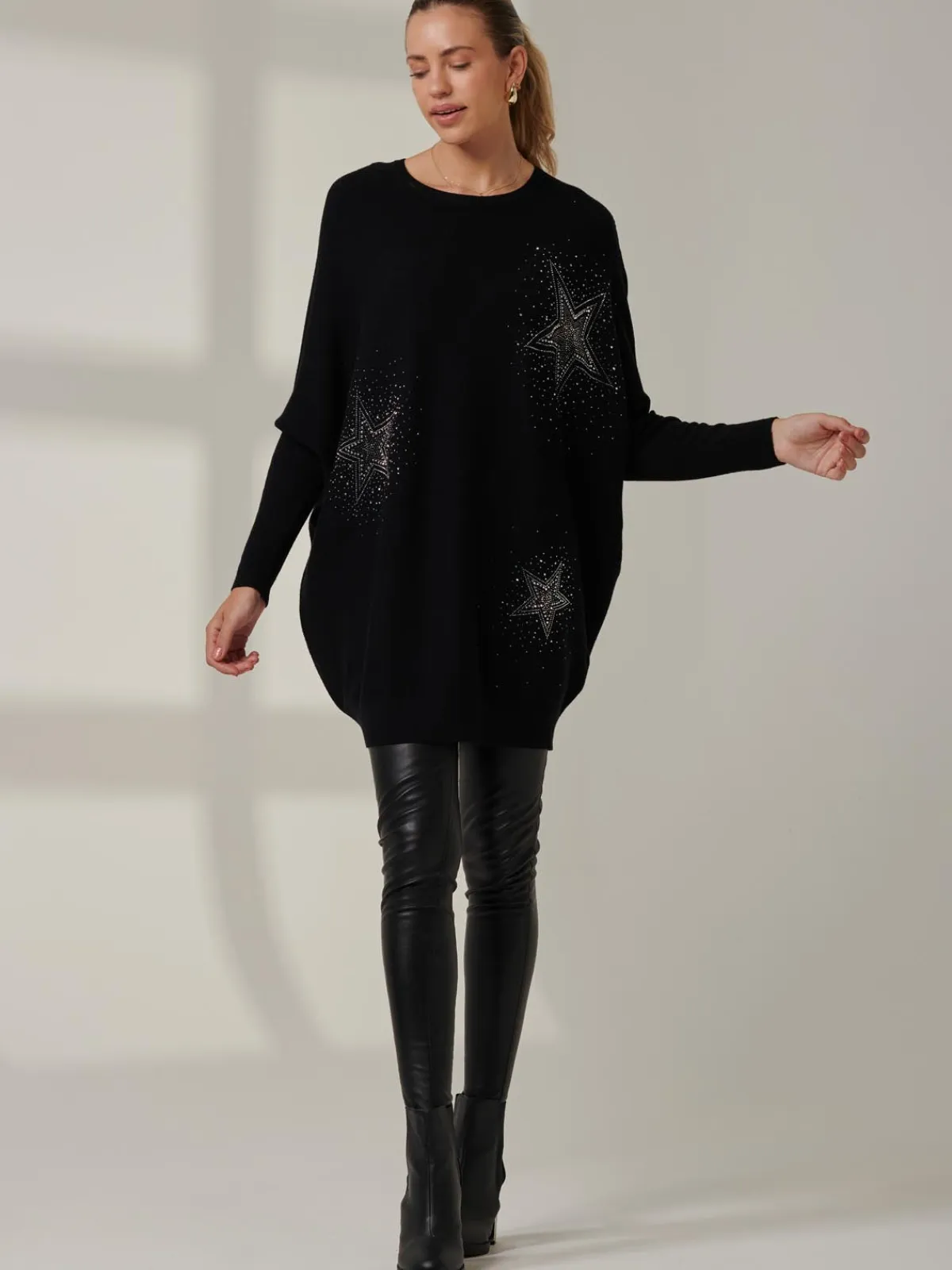Jolie Moi Knitted Jumpers-Rhinestone Sparkle Star Knit Jumper, Black