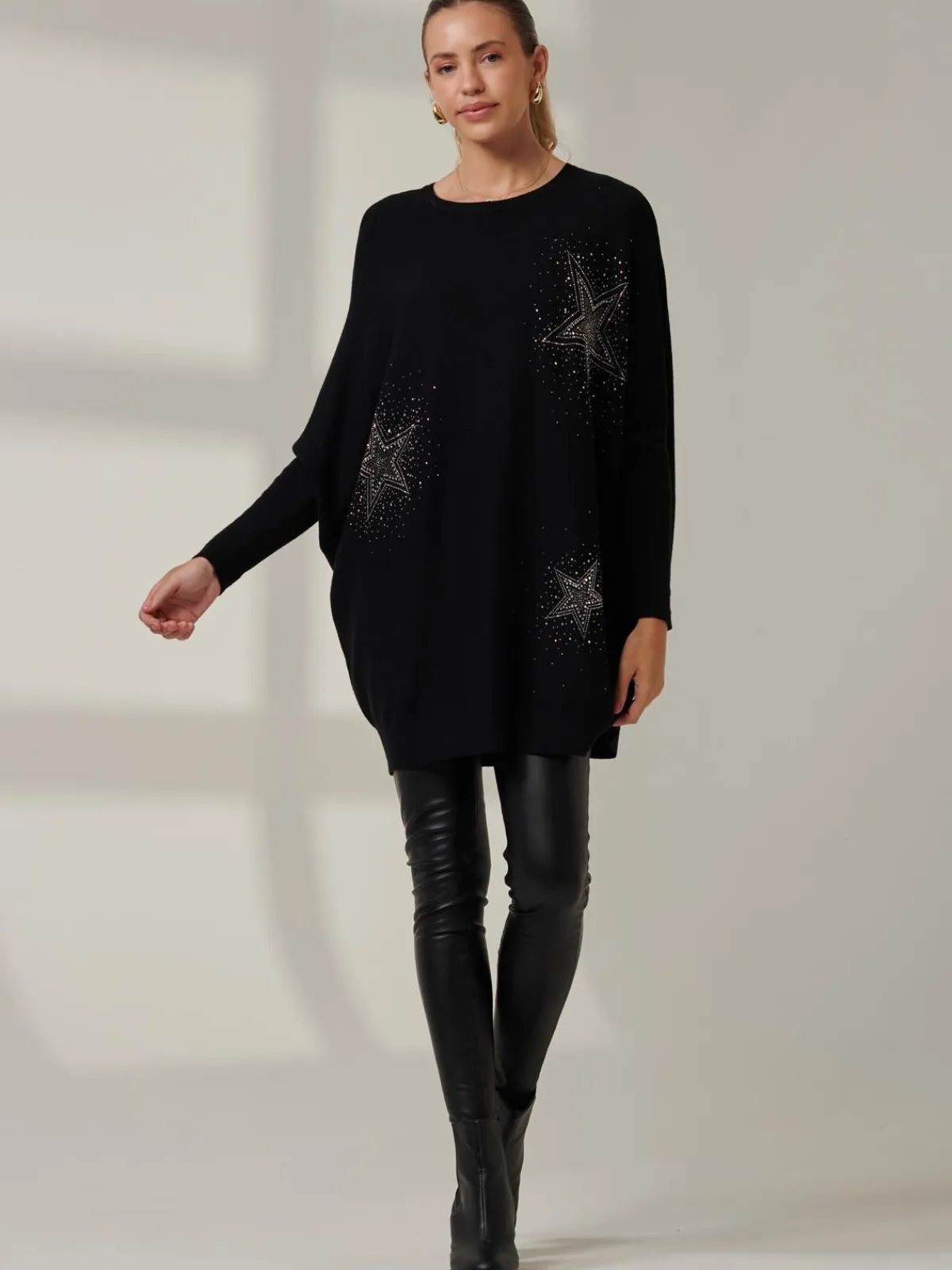 Jolie Moi Knitted Jumpers-Rhinestone Sparkle Star Knit Jumper, Black
