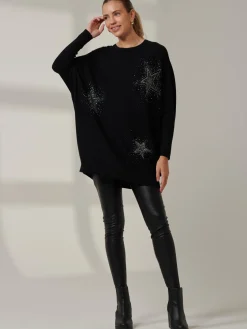 Jolie Moi Knitted Jumpers-Rhinestone Sparkle Star Knit Jumper, Black