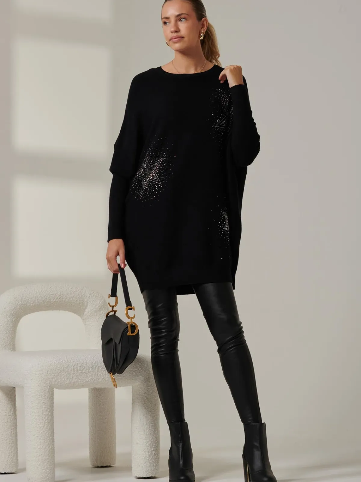 Jolie Moi Knitted Jumpers-Rhinestone Sparkle Star Knit Jumper, Black