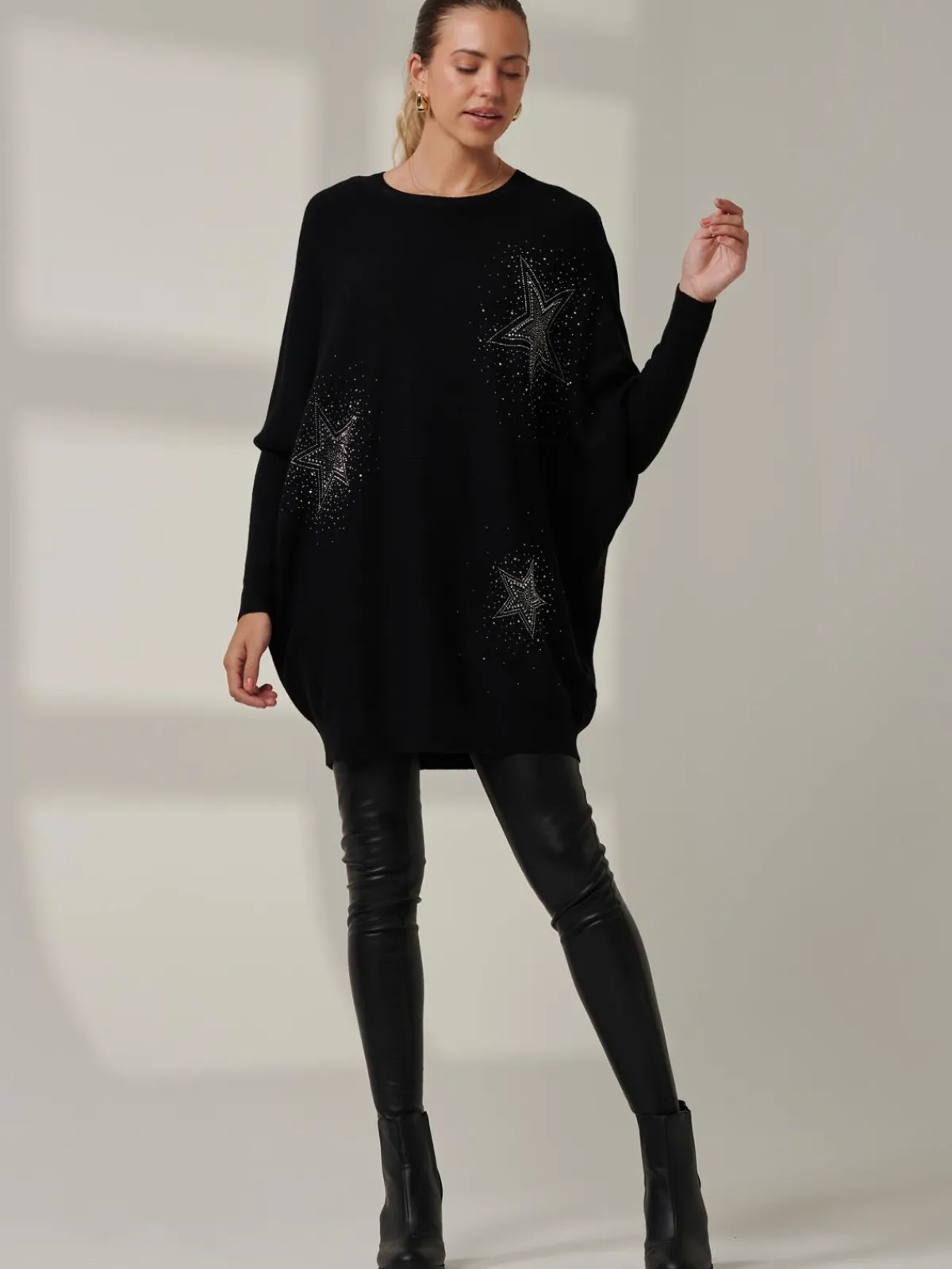 Jolie Moi Knitted Jumpers-Rhinestone Sparkle Star Knit Jumper, Black