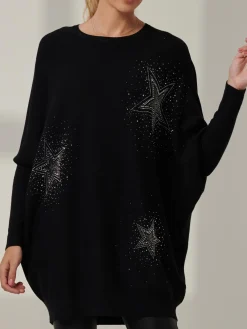 Jolie Moi Knitted Jumpers-Rhinestone Sparkle Star Knit Jumper, Black