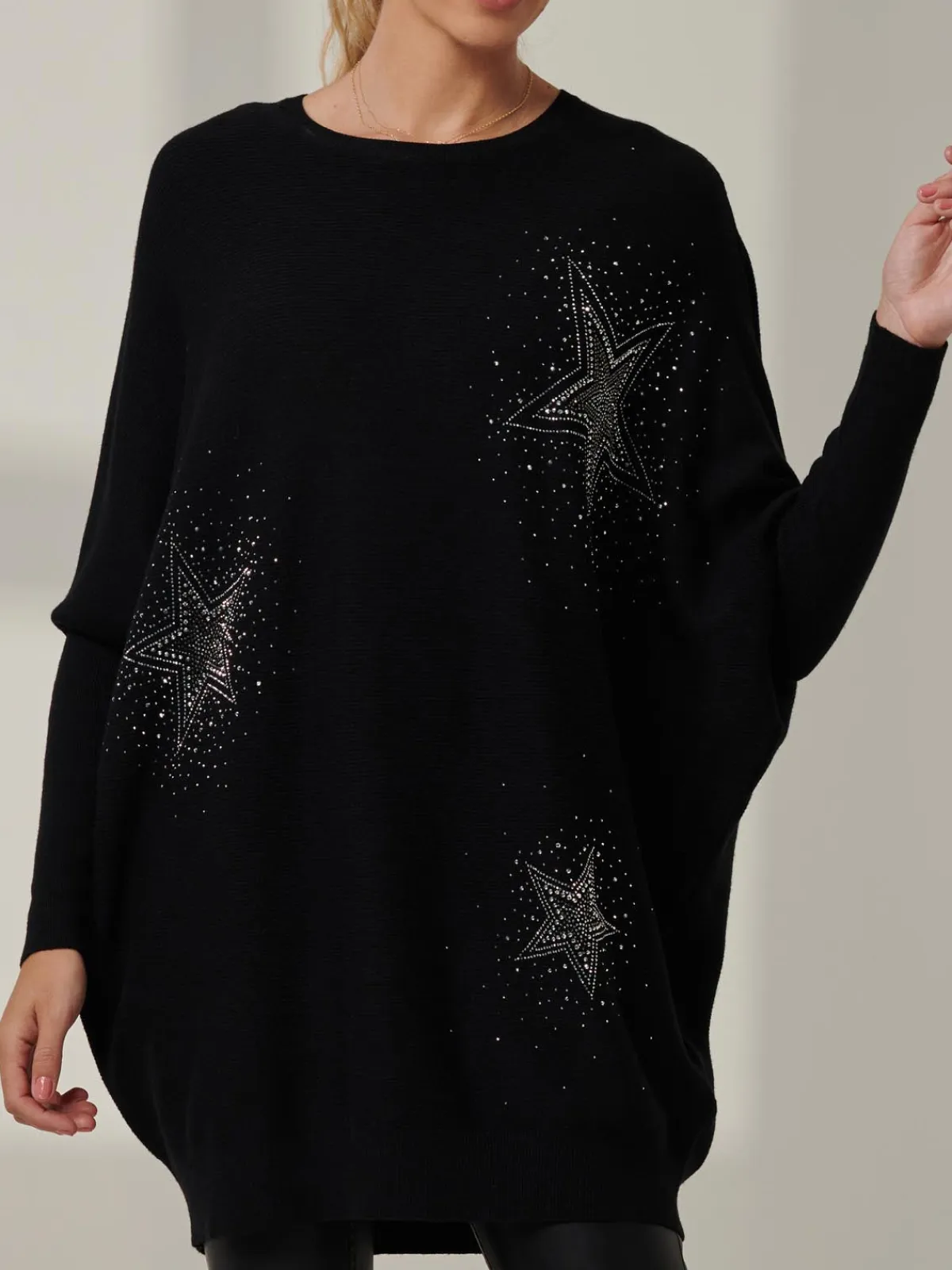 Jolie Moi Knitted Jumpers-Rhinestone Sparkle Star Knit Jumper, Black