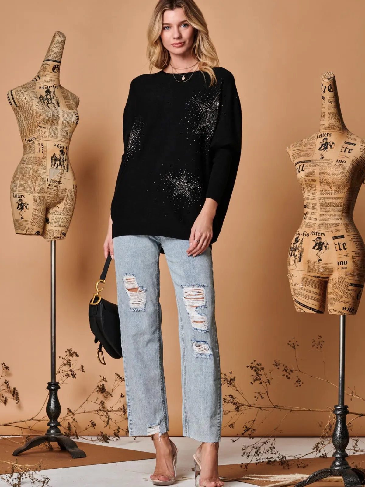 Jolie Moi Knitted Jumpers-Rhinestone Sparkle Star Knit Jumper, Black