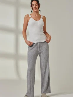 Jolie Moi Co-Ords|Weekend Casuals-Ribbed Knit Wide Leg Trousers, Dove Heather