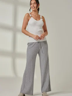 Jolie Moi Co-Ords|Weekend Casuals-Ribbed Knit Wide Leg Trousers, Dove Heather